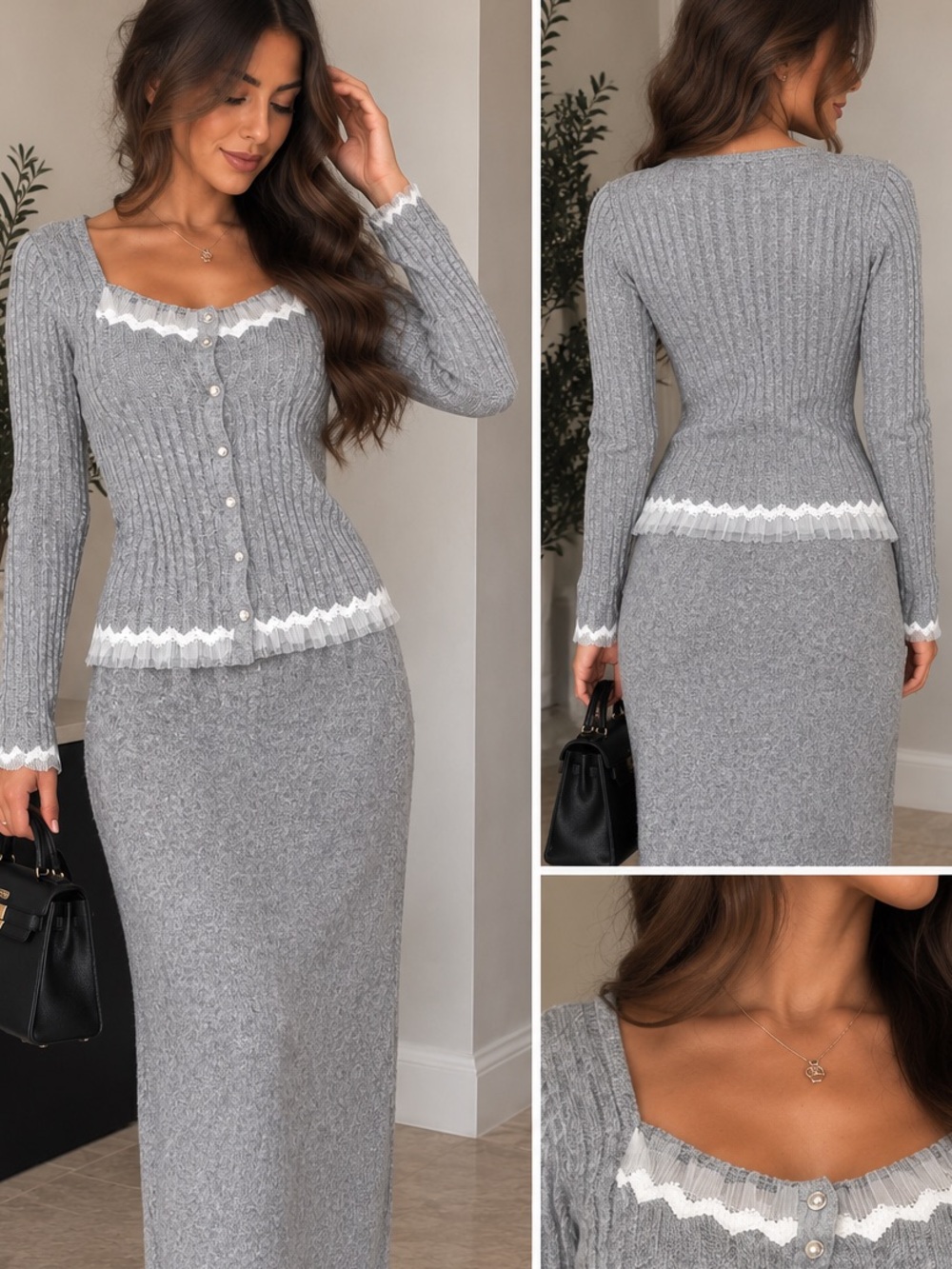 COCO KALEDE Gray Knit Lace Two-Piece Skirt Set